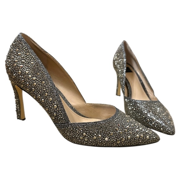 White House Black Market Hematite-Embellished High Heel Silver Jeweled Pumps 8.5 - Picture 7 of 12